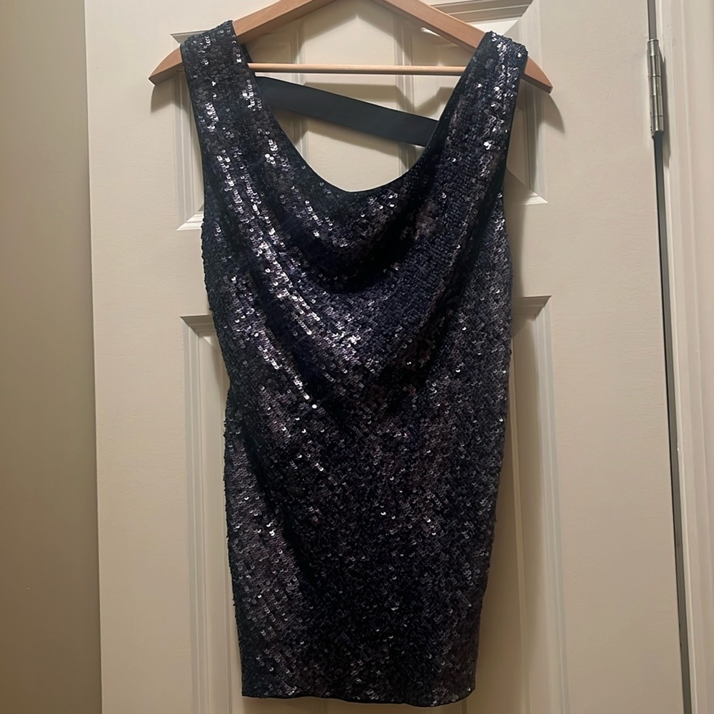 Poleci blue sequin top with open twisted back